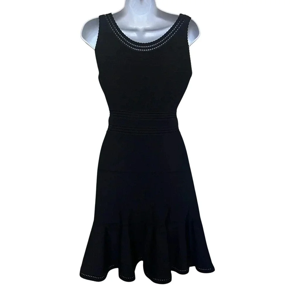 Diane von Furstenberg DVF Black Ribbed Knit Pointelle Fit and Flare Dress Small‎